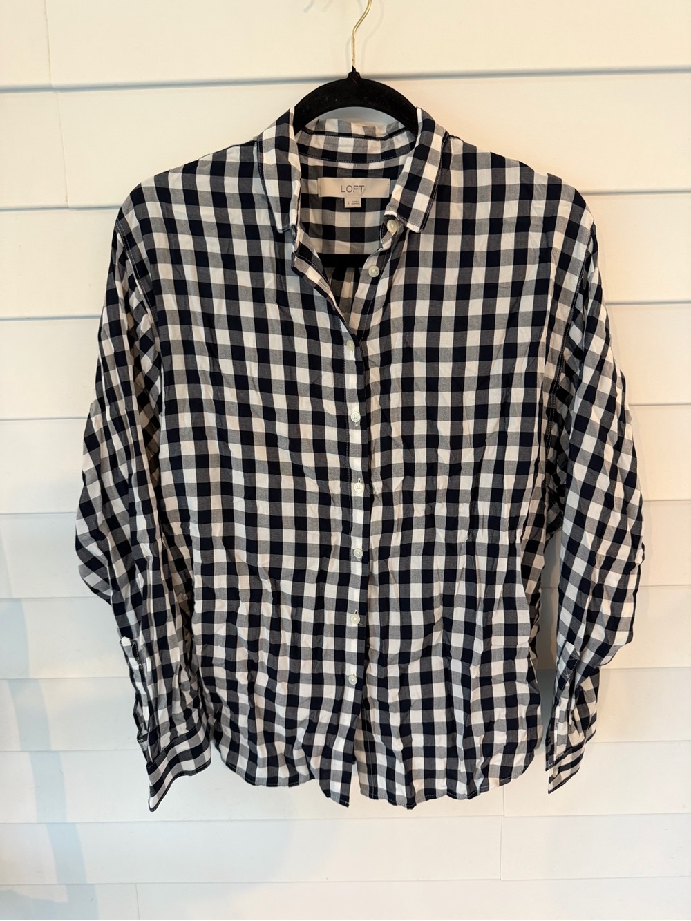 LOFT Navy and White Gingham Button-Down Shirt